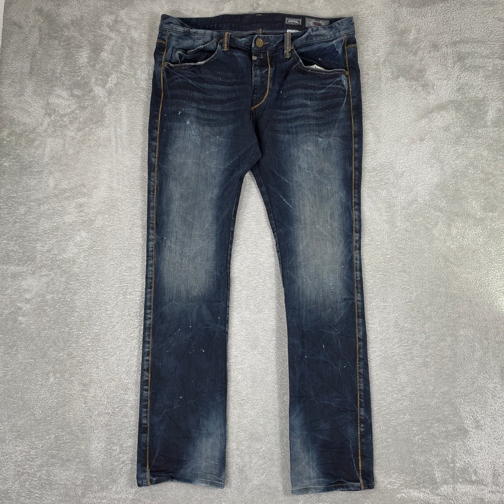 Buckaroo Slim Straight Jeans Mens 36x33‎ Indigo Distressed Paint Splatter